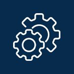 FABRICATION A white gear on top of a blue background.